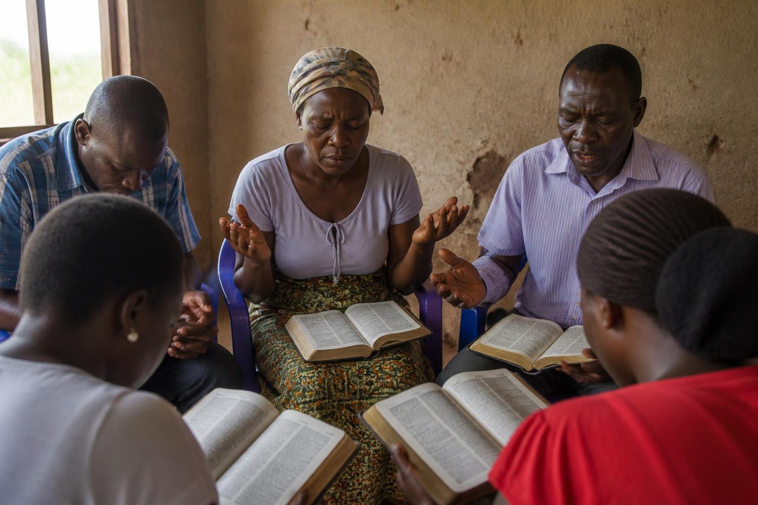 A small group praying together with open Bibles